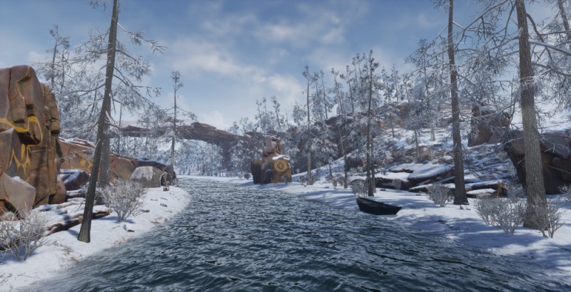 Screenshot z VR simulátoru Cold River pomáhajícího při tlumení bolesti u pacientů s popáleninami. 