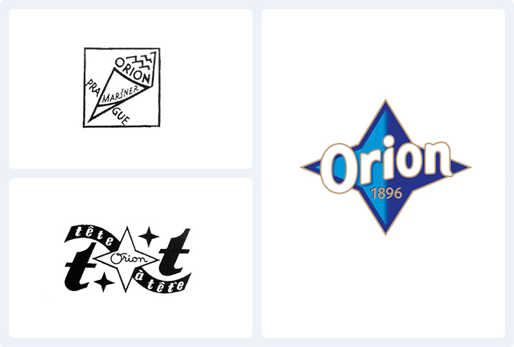 Hvězdu čokoládovny Orion navrhl mezi válkami Zdeněk Rykr. Její tvar přitom odvodil od čtyř složených kornoutů do nichž se cukrovinky balily. Logo z roku 1921, z roku 1948 a současná značka.