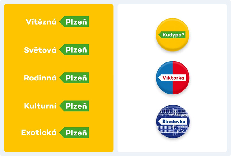 Vítězný návrh pro Plzeň z roku 2016 počítá s tvarem šipky směřující na západ. Tento motiv se pak v různých obměnách užívá i při dalších propagačních sděleních. Tím se poukazuje na městskou identitu i v okamžiku, kdy samotné logo není na materiálech užito.